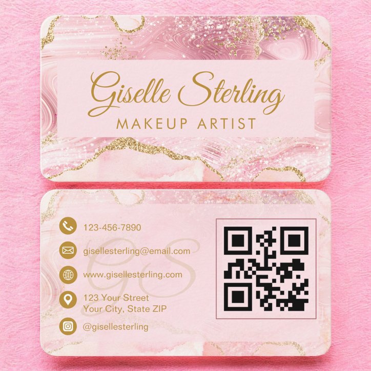 Elegant Blush Pink Agate Makeup Artist QR Code Business Card