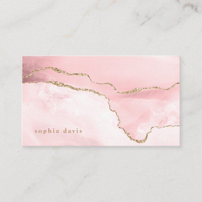 Elegant Blush Pink Agate with Faux Gold Business Card (Front)