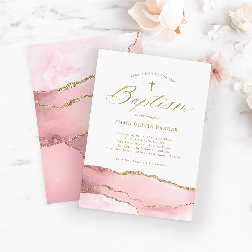Elegant Blush Pink Agate with Gold Cross | Baptism