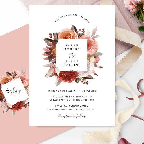 Elegant Blush Pink and Burgundy Floral Wedding Invitation