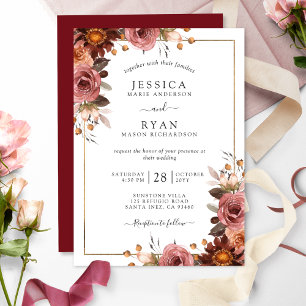 Elegant Blush Pink and Burgundy Floral Wedding Invitation