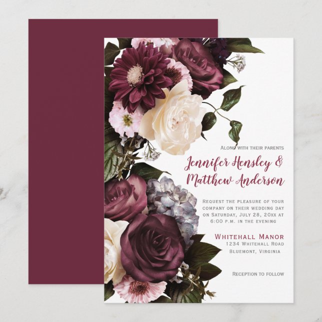 Elegant Blush Pink and Burgundy Floral Wedding | Invitation (Front/Back)