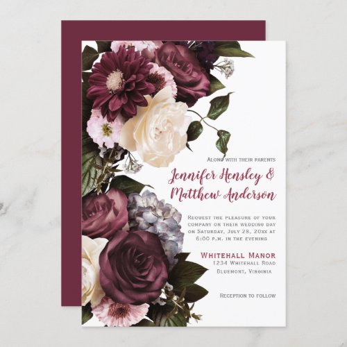 Elegant Blush Pink and Burgundy Floral Wedding  Invitation