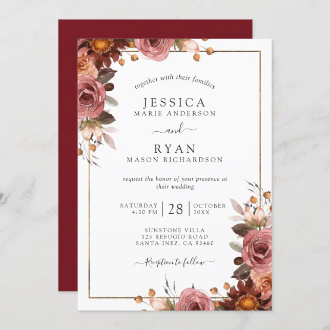 Elegant Blush Pink and Burgundy Floral Wedding Invitation | Zazzle