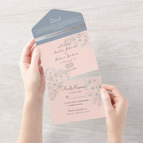 Elegant Blush Pink and Dusty Blue Wedding All In One Invitation