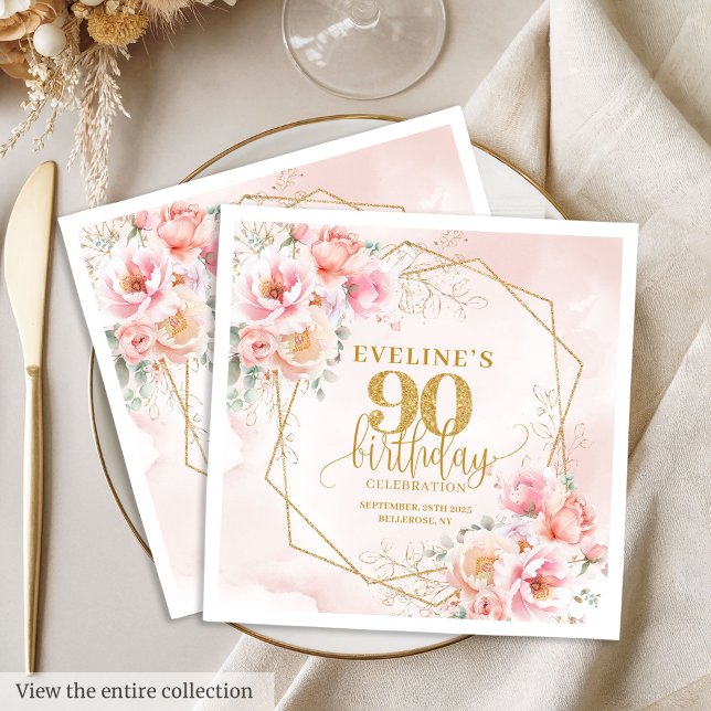 Elegant blush pink and gold 90th birthday cocktail napkins (Elegant blush pink and gold 90th birthday cocktail Napkins)