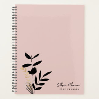 Elegant Blush Pink and Gold Black Botanical Planner