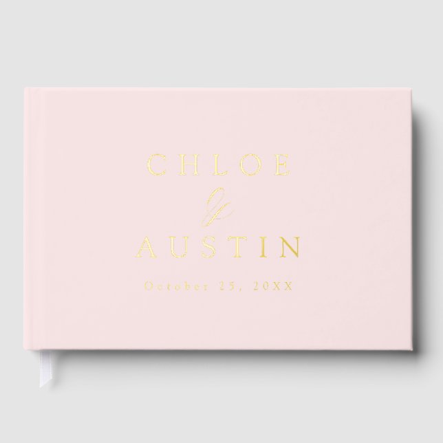 Elegant Blush Pink and Gold Calligraphy Wedding Foil Guest Book (Front)