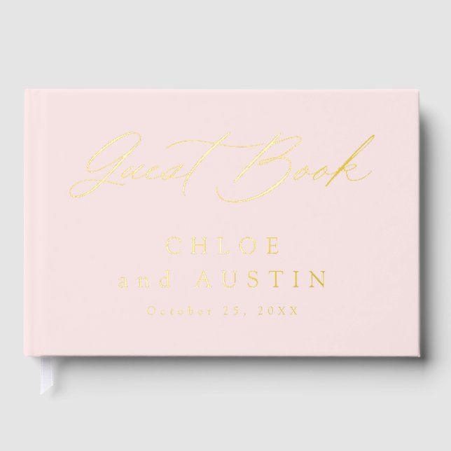 Elegant Blush Pink and Gold Calligraphy Wedding Foil Guest Book (Front)