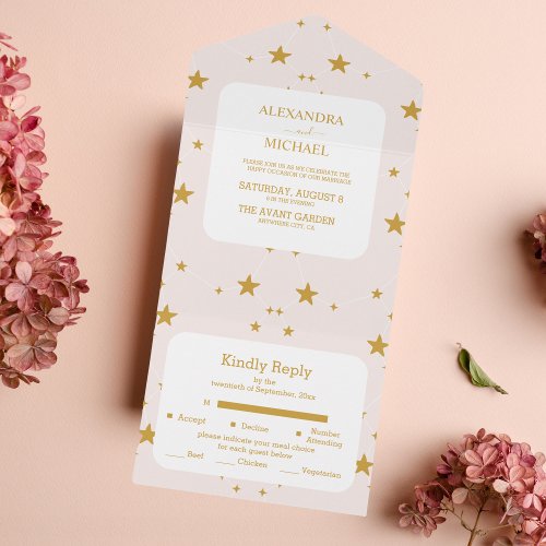 Elegant Blush Pink and Gold Celestial Wedding All In One Invitation