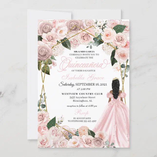 Elegant Blush Pink and Gold Floral Quinceanera Inv Invitation | Zazzle