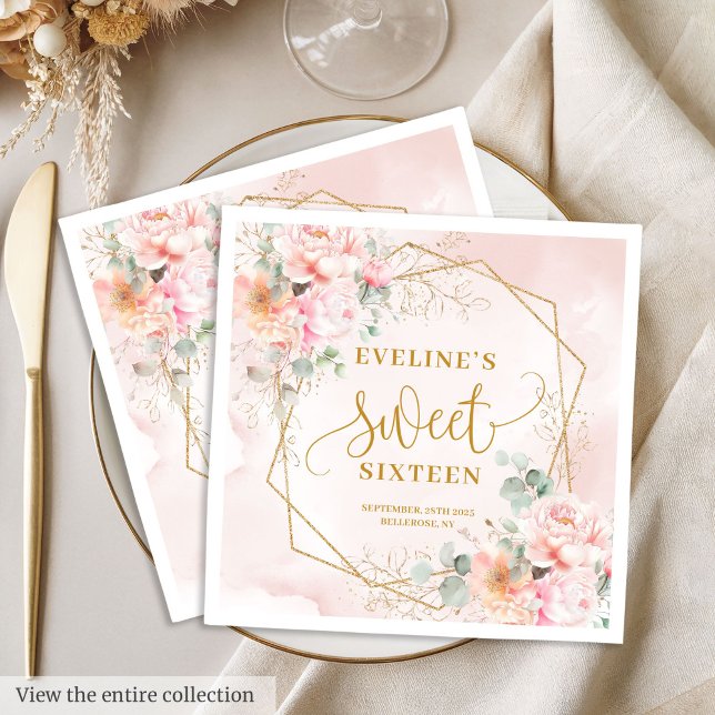 Elegant Blush Pink and Gold Floral Sweet Sixteen  Napkins (Elegant Blush Pink and Gold Floral Sweet Sixteen Napkins)