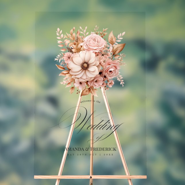 Elegant Blush Pink and Gold Floral Wedding Welcome Acrylic Sign (Neutral)