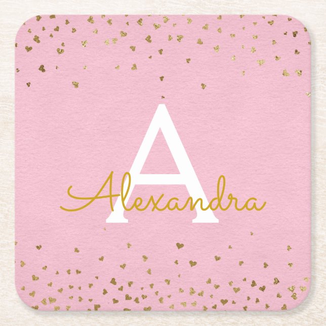 Elegant Blush Pink and Gold Foil Confetti Monogram Square Paper Coaster (Front)