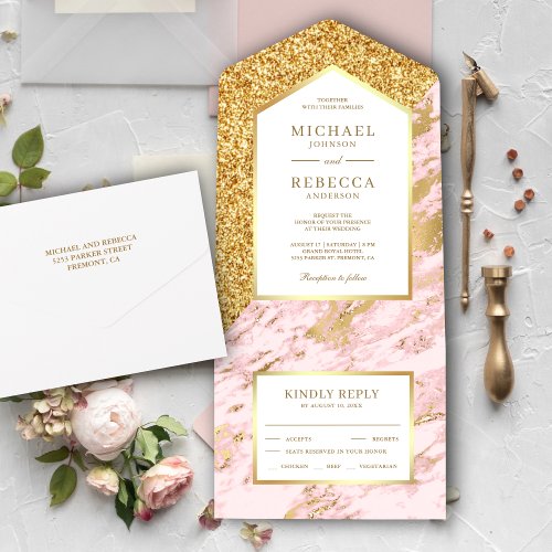 Elegant Blush Pink and Gold Glitter Marble Wedding All In One Invitation