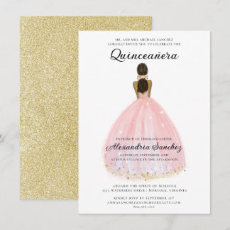 Elegant Blush Pink and Gold Glitter Quinceanera Invitation