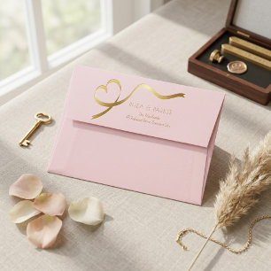 Elegant Blush Pink and Gold Heart Ribbon Wedding  Envelope