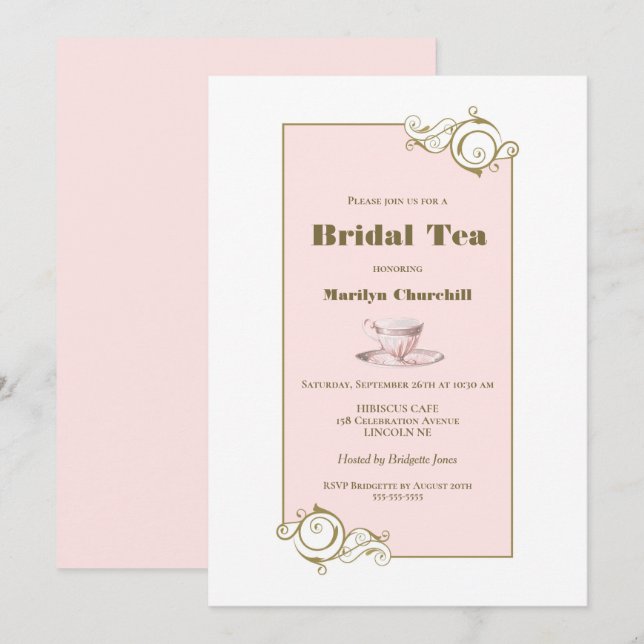 Elegant Blush Pink and Gold Simple Bridal Tea Invitation (Front/Back)