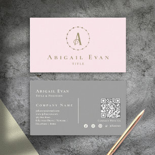 Elegant Blush Pink and Gray Glitter Gold Monogram Business Card