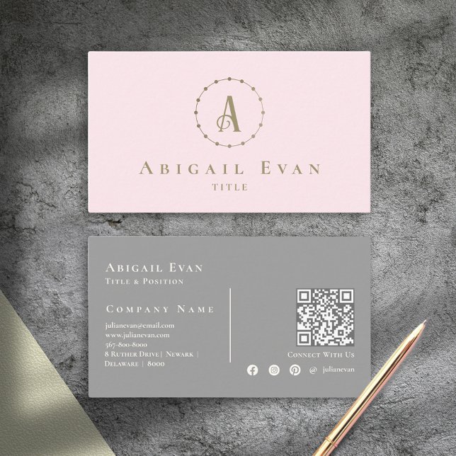 Elegant Blush Pink and Gray Glitter Gold Monogram Business Card (Elegant Blush Pink and Gray Glitter Gold Monogram Business Card)