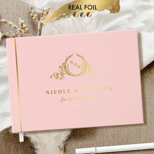 Elegant Blush Pink and Real Foil Monogram Wedding Foil Guest Book