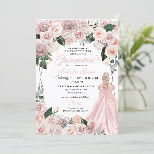 Elegant Blush Pink and Silver Floral Quinceanera Invitation (Standing Front)