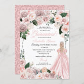 Elegant Blush Pink and Silver Floral Quinceanera Invitation (Front/Back)