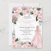 Elegant Blush Pink and Silver Floral Quinceanera Invitation (Front)