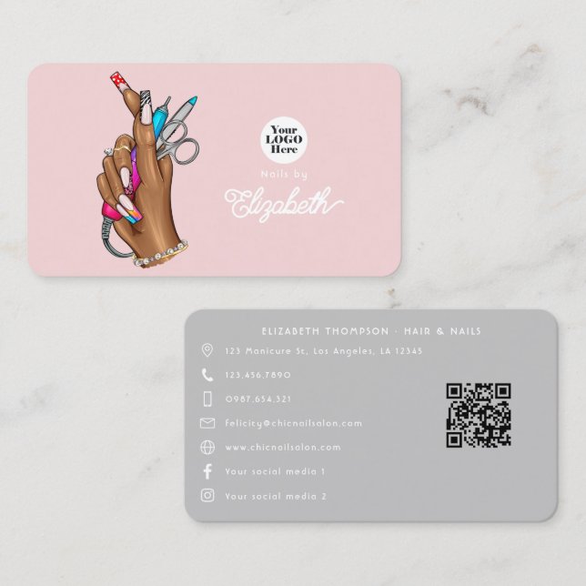 Elegant Blush Pink and Silver Nail Salon Business Card (Front/Back)