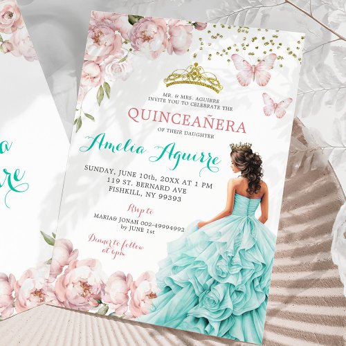 Elegant Blush Pink and Teal Floral Quinceaera Invitation