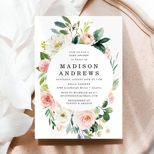 Elegant Blush Pink and White Floral Baby Shower Invitation