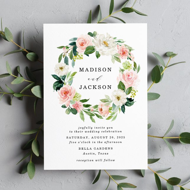 Elegant Blush Pink and White Floral Wreath Wedding Invitation (Creator Uploaded)