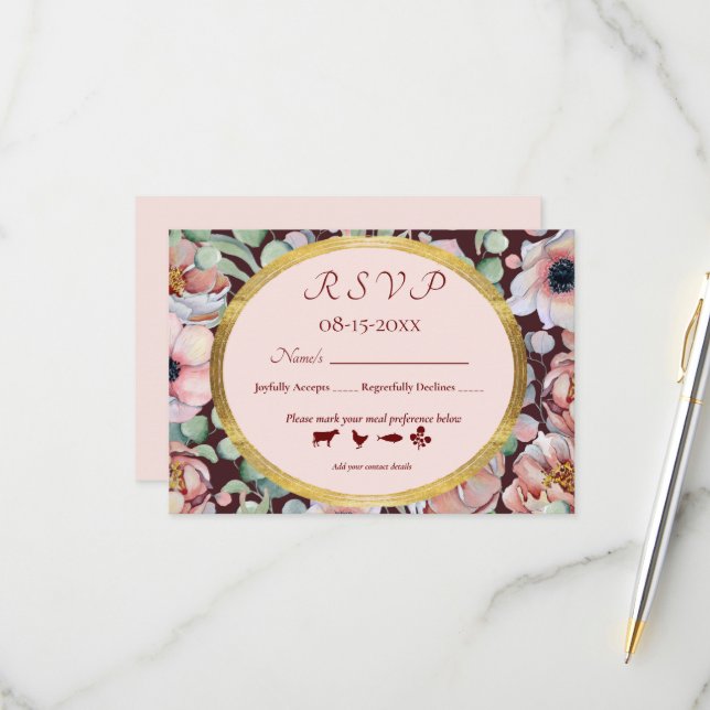 Elegant Blush Pink Anemone Floral Geometric Frames RSVP Card (Front/Back In Situ)