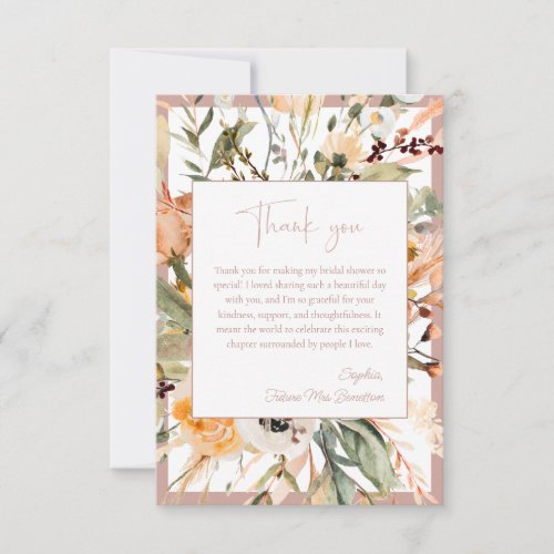 Elegant Blush Pink Autumn Floral Bridal Shower Thank You Card