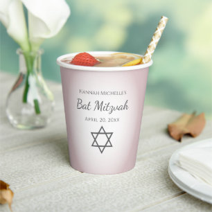 Elegant Blush Pink Bat Mitzvah Star of David Paper Cups