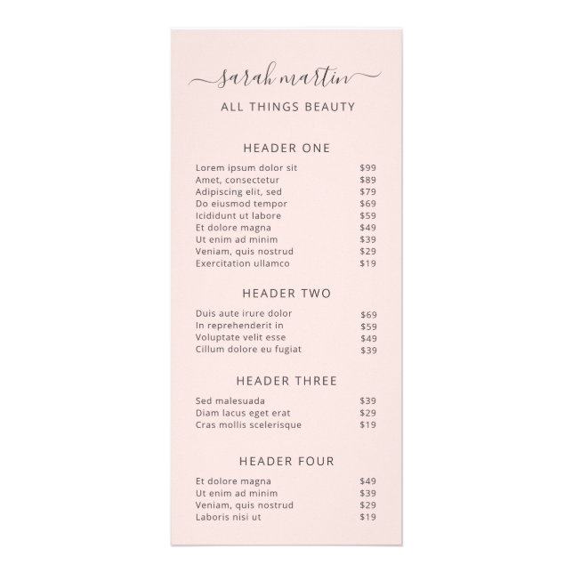 Elegant Blush Pink Beauty Salon Price List Rack Card (Front)