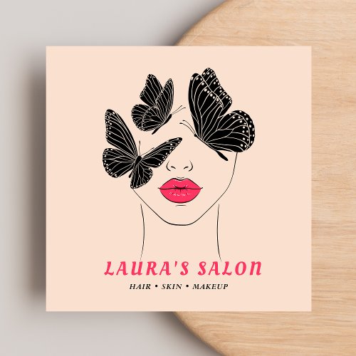 Elegant Blush Pink  Black Butterfly Women Beauty  Square Business Card
