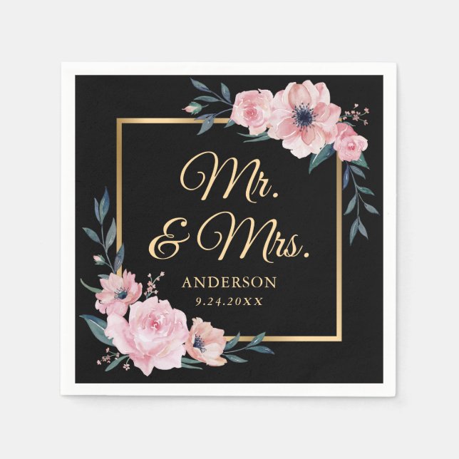 Elegant Blush Pink Black Gold Floral Wedding Napkins (Front)
