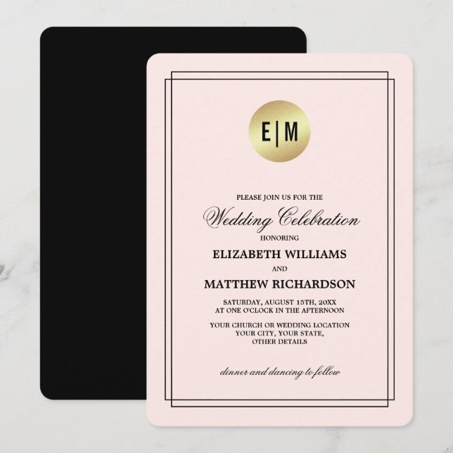 Elegant Blush Pink | Black | Gold Wedding Invitation (Front/Back)