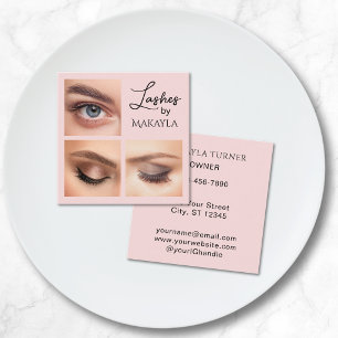 Elegant Blush Pink Black Script 3 Photo Lashes Square Business Card