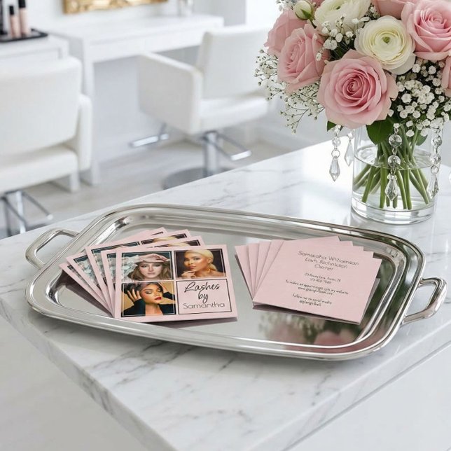 Elegant Blush Pink Black Script 3 Photo Lashes Square Business Card (Creator Uploaded)
