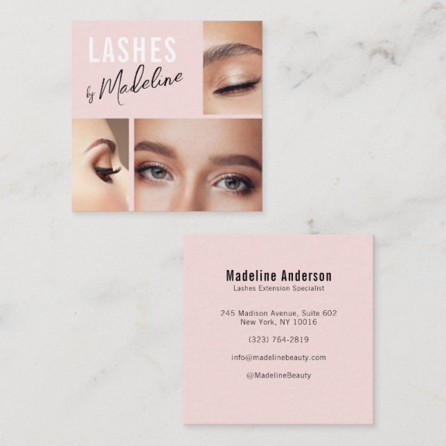 Elegant Blush Pink Black Script 3 Photo Lashes Square Business Card (Front/Back)