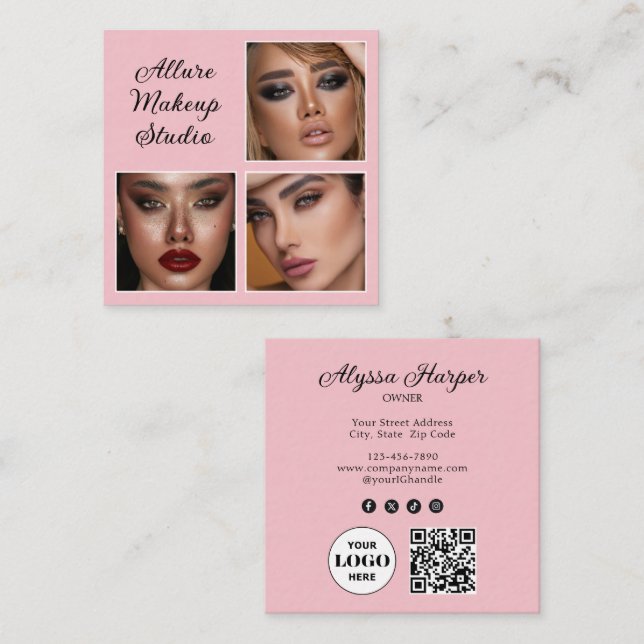 Elegant Blush Pink Black Script 3 Photo Makeup Square Business Card (Front/Back)