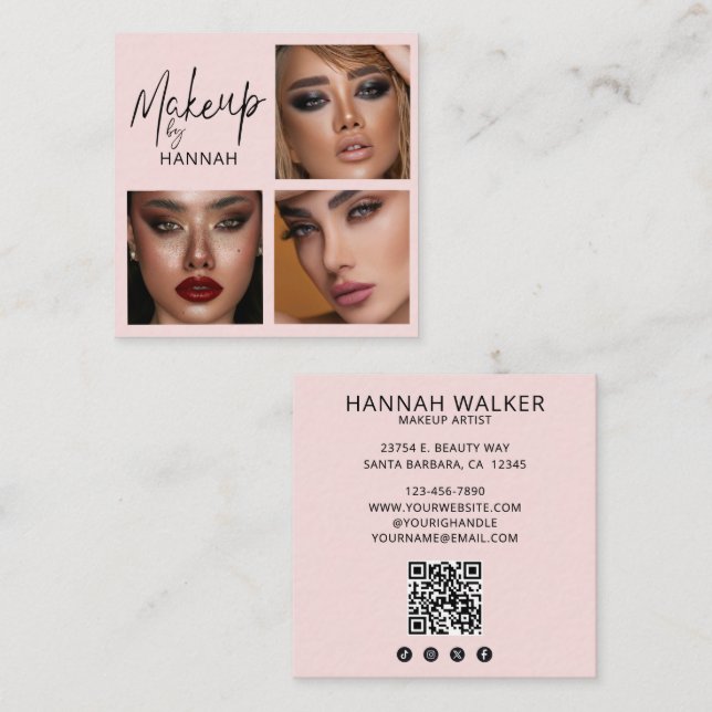 Elegant Blush Pink Black Script 3 Photo Makeup  Square Business Card (Front/Back)