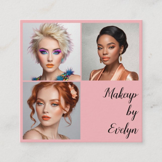 Elegant Blush Pink Black Script 3 Photo Makeup Square Business Card (Front)