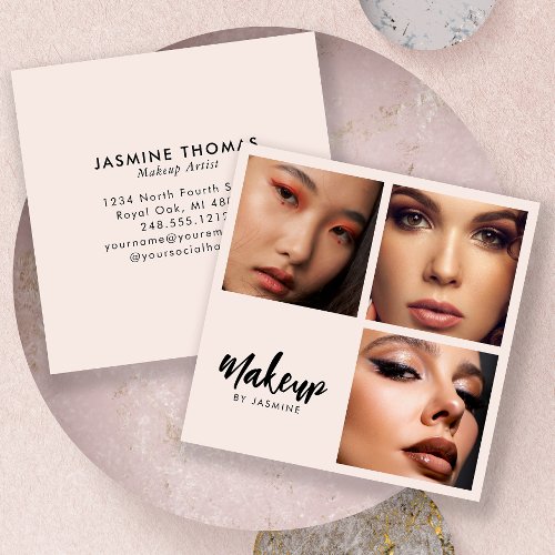 Elegant Blush Pink Black Script 3 Photo Makeup Square Business Card