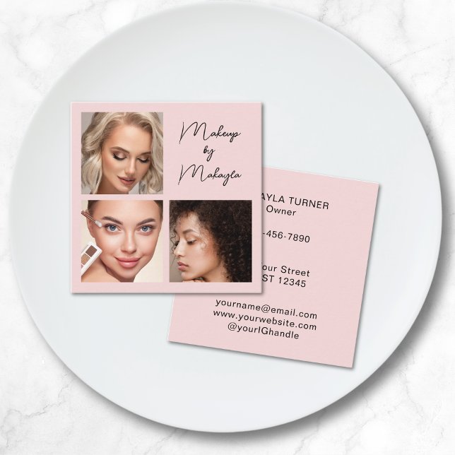 Elegant Blush Pink Black Script 3 Photo Makeup Square Business Card (Creator Uploaded)
