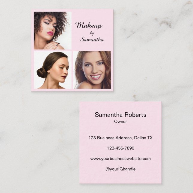 Elegant Blush Pink Black Script 3 Photo Makeup Square Business Card (Front/Back)