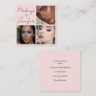 Elegant Blush Pink Black Script 3 Photo Makeup Square Business Card