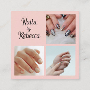 Elegant Blush Pink Black Script 3 Photo Nails Square Business Card